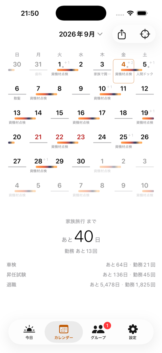 カレンダー画面。日付の下に1日1本の帯が並び、資機材点検などの予定名が入る。下に家族旅行まであと40日、勤務あと13回の表示。