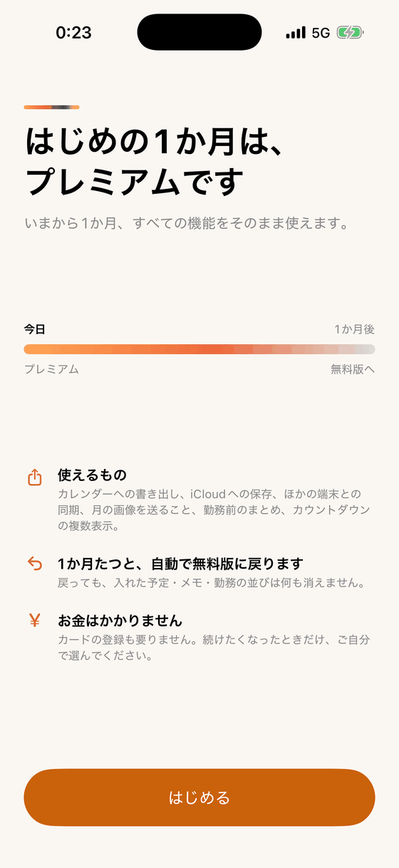 はじめの1か月はプレミアムです、という案内。1か月たつと自動で無料版に戻ること、お金はかからないことが書かれている。